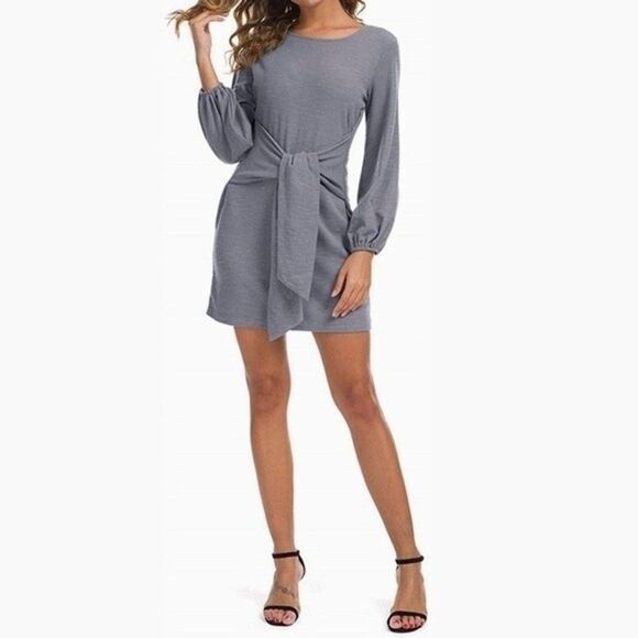 R Vivimos Gray Elegant Boho Vintage Tie Waist Mini Club Evening Party Dress M - Picture 1 of 11